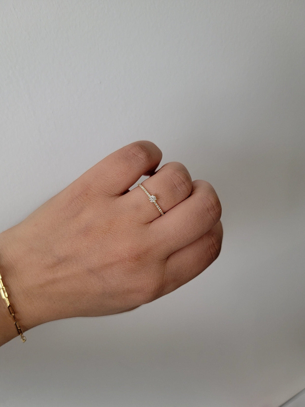 14K Gold Diamond Solitaire Ring: Micro Pave Half Eternity Wedding Band