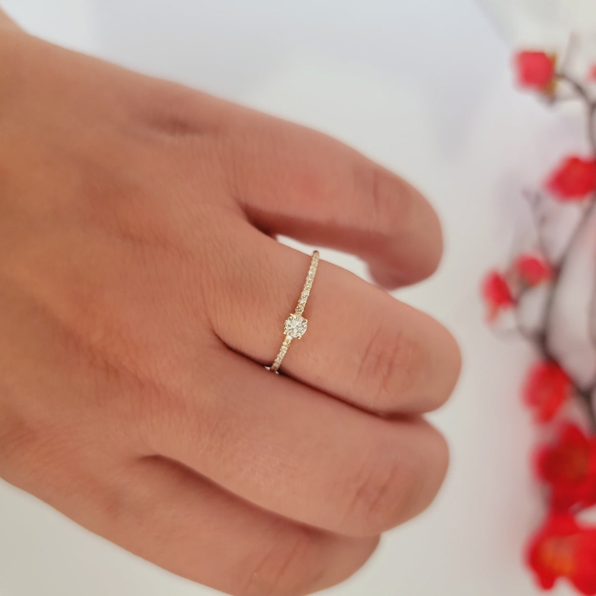 14K Gold Diamond Solitaire Ring: Micro Pave Half Eternity Wedding Band