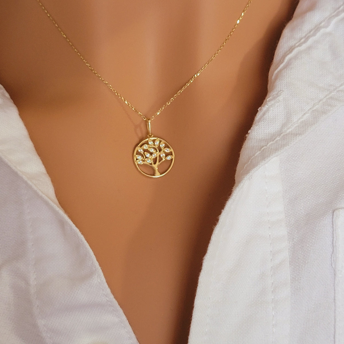 Tree of Life Diamond Necklace, Tree Pendant, 14k Solid Gold Charm, Tree Necklace, Nature Charm, Diamond Pendant, Real Gold Necklace