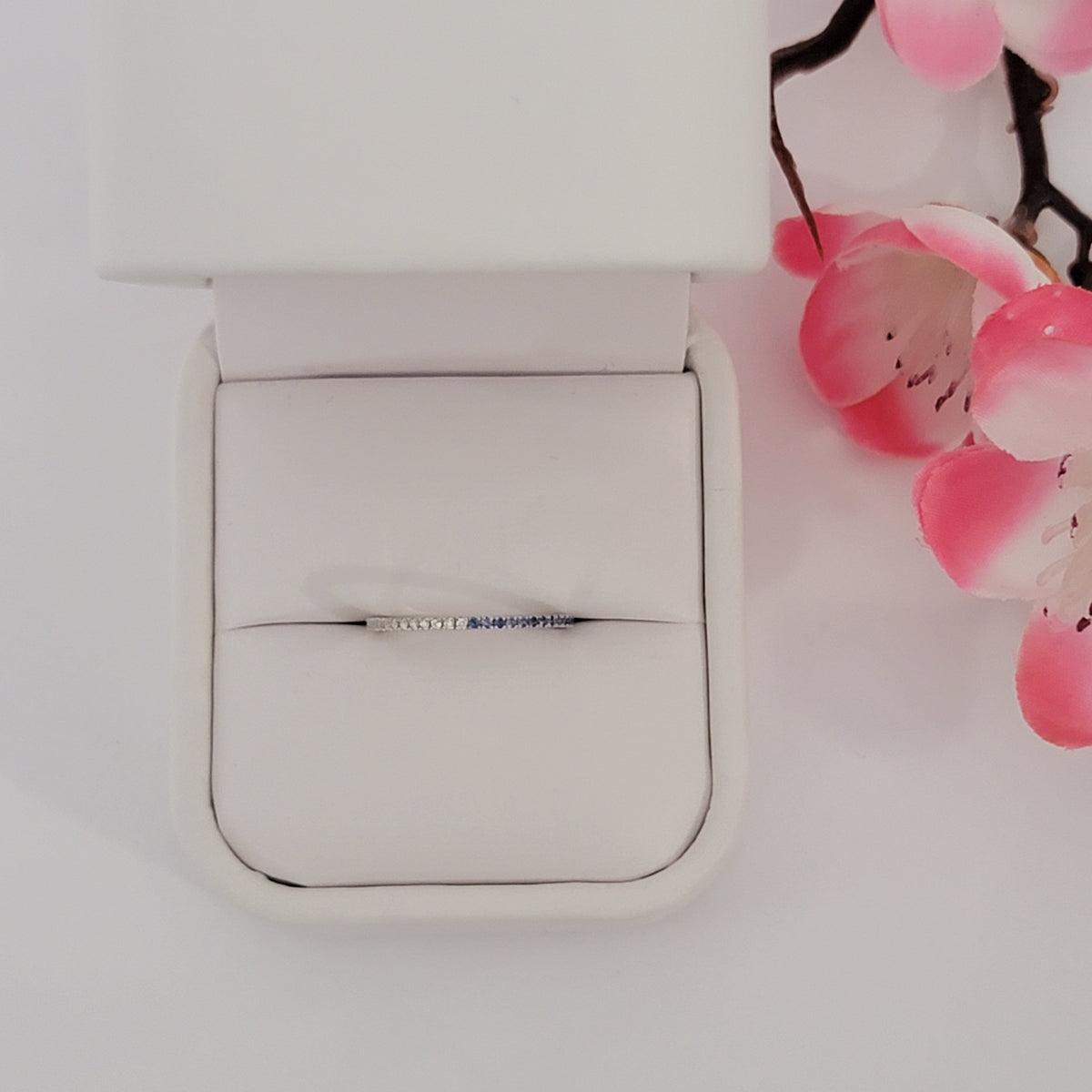 White Diamond & Blue Sapphire Full Eternity Wedding Band For Women
