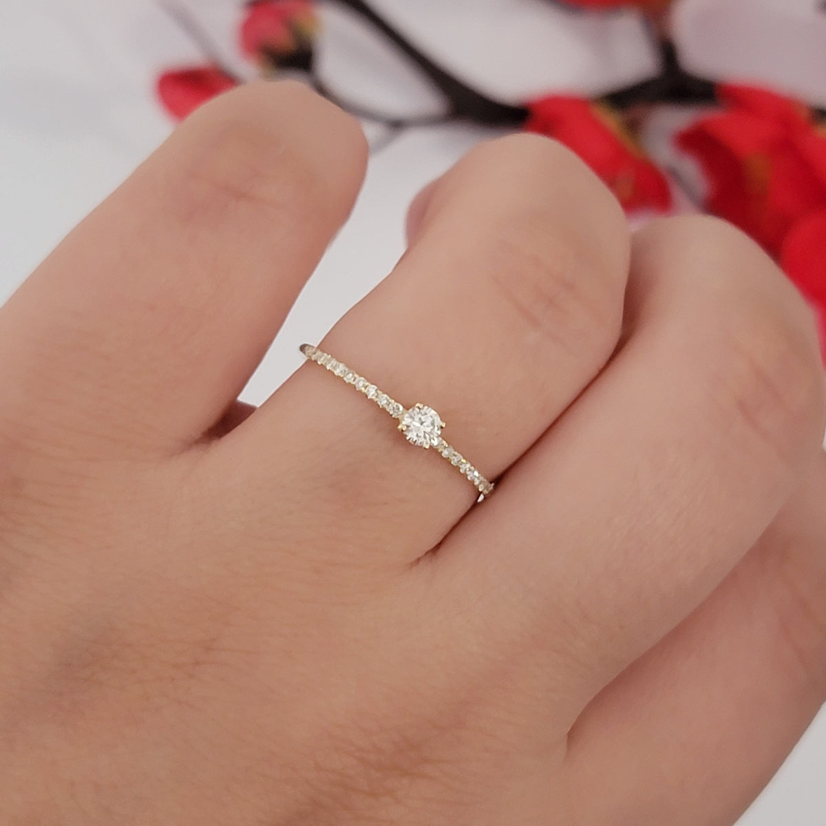 14K Gold Diamond Solitaire Ring: Micro Pave Half Eternity Wedding Band