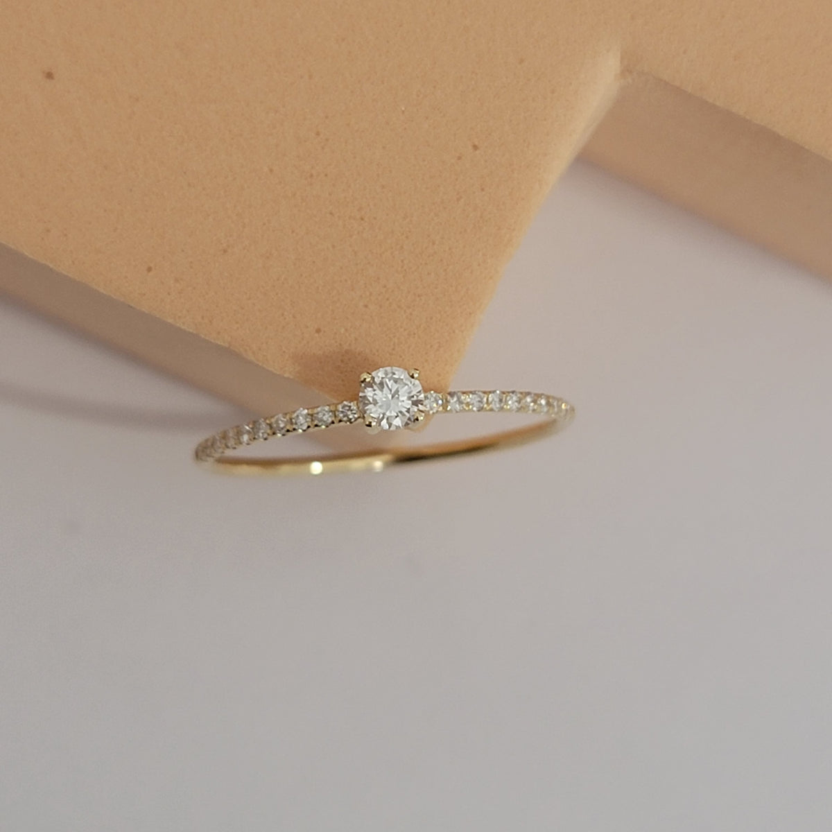 14K Gold Diamond Solitaire Ring: Micro Pave Half Eternity Wedding Band