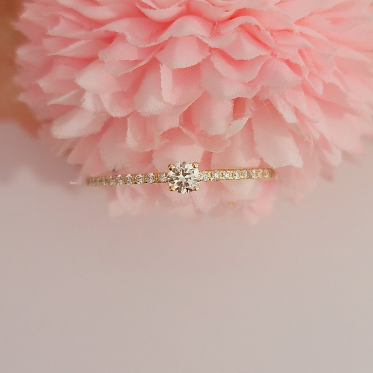 14K Gold Diamond Solitaire Ring: Micro Pave Half Eternity Wedding Band