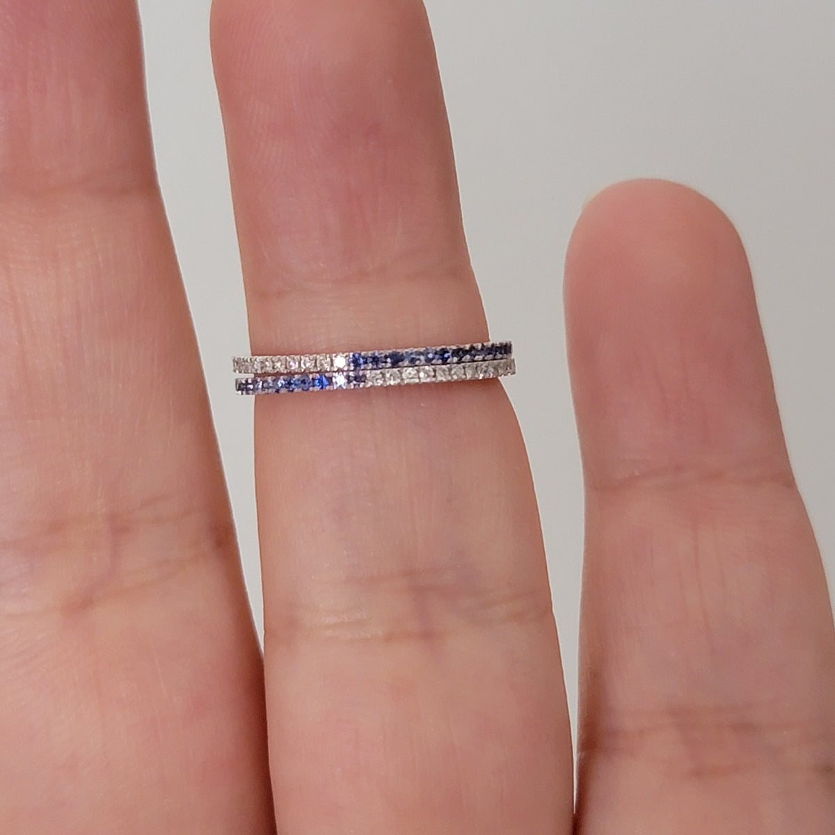 White Diamond & Blue Sapphire Full Eternity Wedding Band For Women