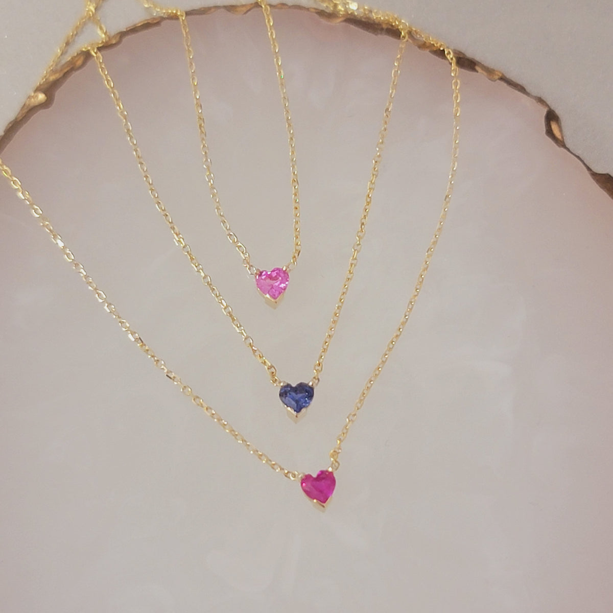 Personalized 14K Gemstone  Heart Necklace, Solid Gold Dainty Necklace, Birthstone Necklace, Gemstone Necklace, Birthday Gift, White, Rose
