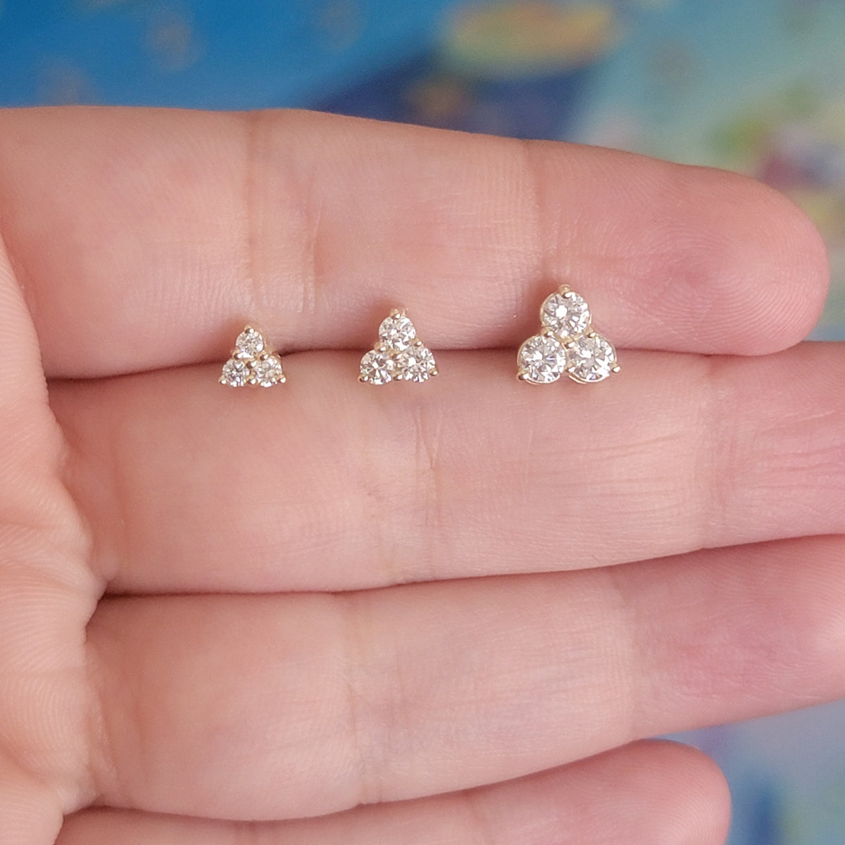 14K Gold Three Stone Diamond Stud Earrings: Minimalist Trio