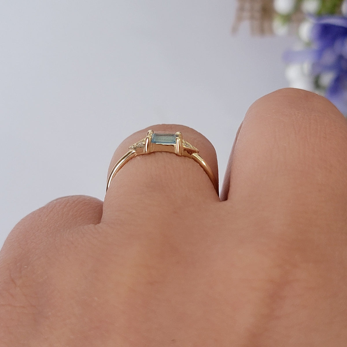 14k Gold Aquamarine Diamond Ring: Emerald Cut Birthstone Stacking Band