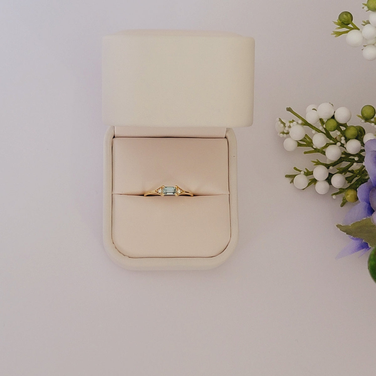 14k Gold Aquamarine Diamond Ring: Emerald Cut Birthstone Stacking Band