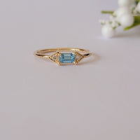 14k Gold Aquamarine Diamond Ring: Emerald Cut Birthstone Stacking Band