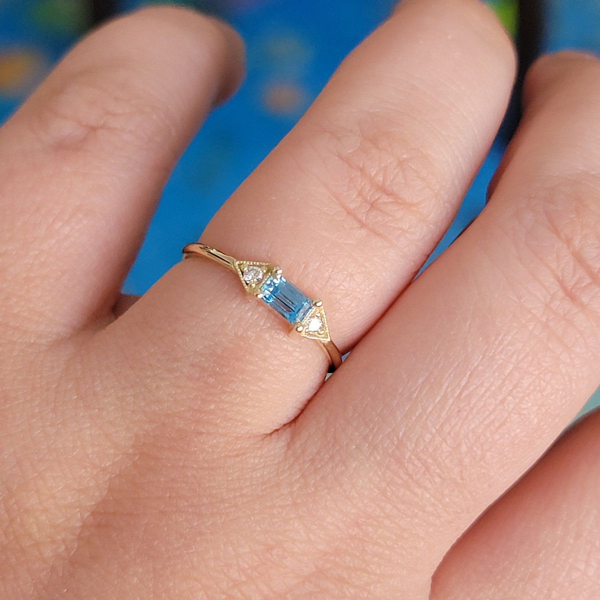14k Gold Aquamarine Diamond Ring: Emerald Cut Birthstone Stacking Band