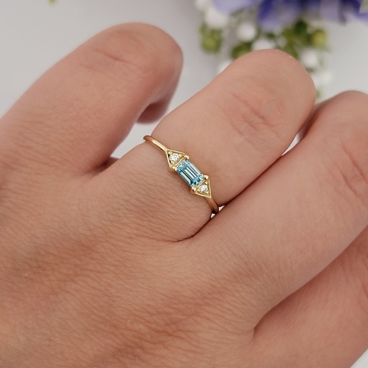 14k Gold Aquamarine Diamond Ring: Emerald Cut Birthstone Stacking Band