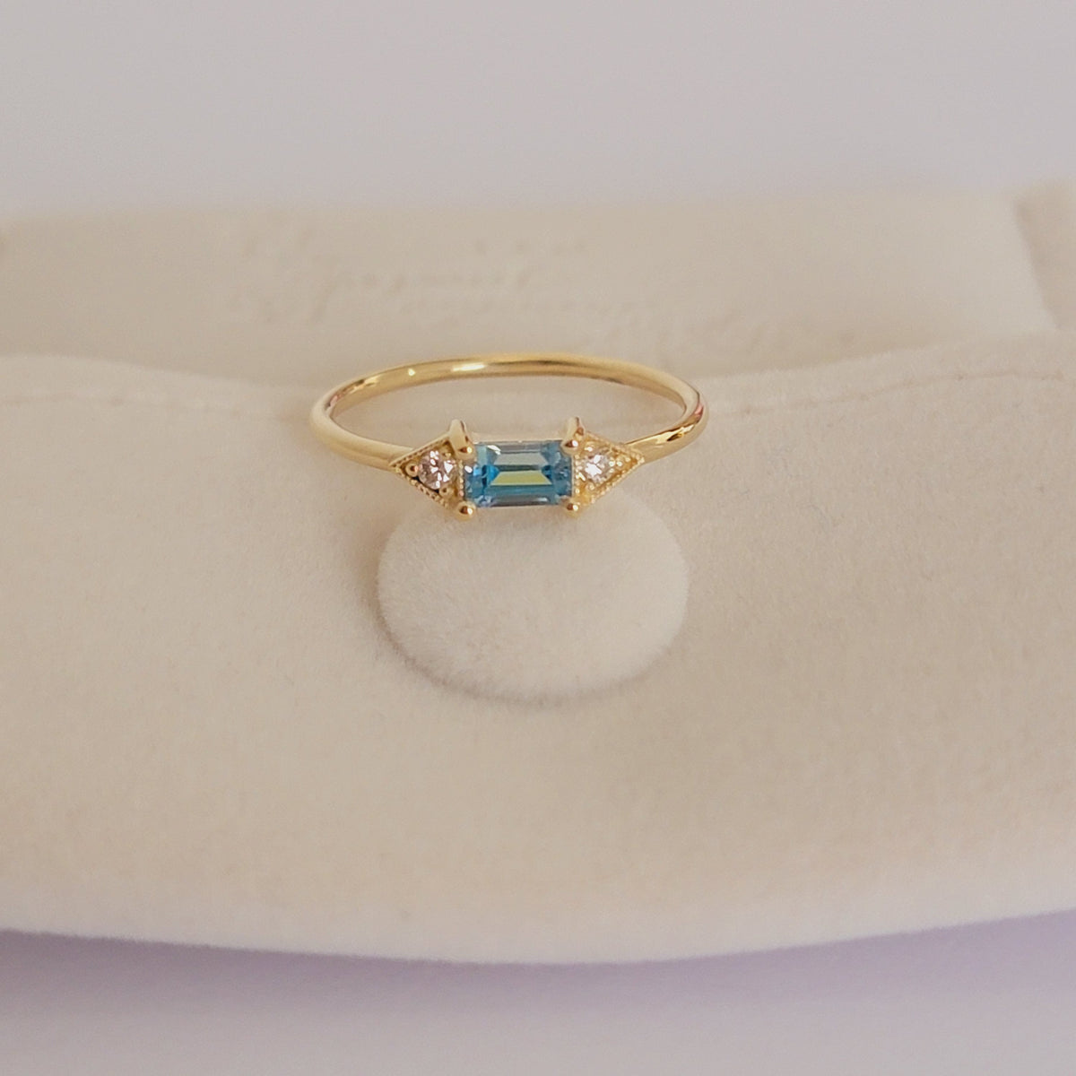 14k Gold Aquamarine Diamond Ring: Emerald Cut Birthstone Stacking Band