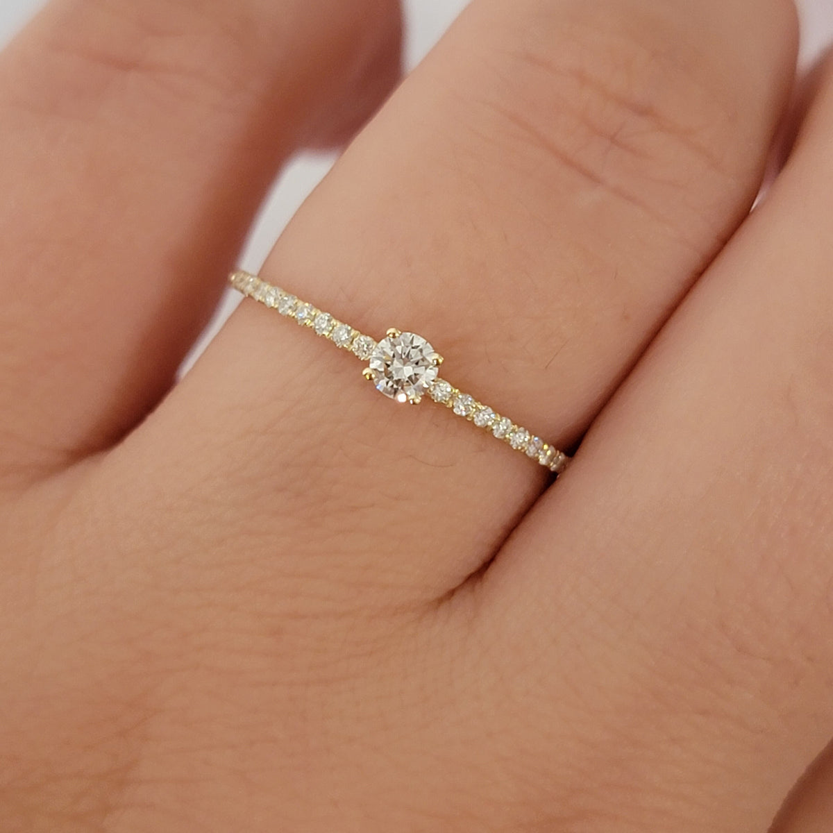 14K Gold Diamond Solitaire Ring: Micro Pave Half Eternity Wedding Band