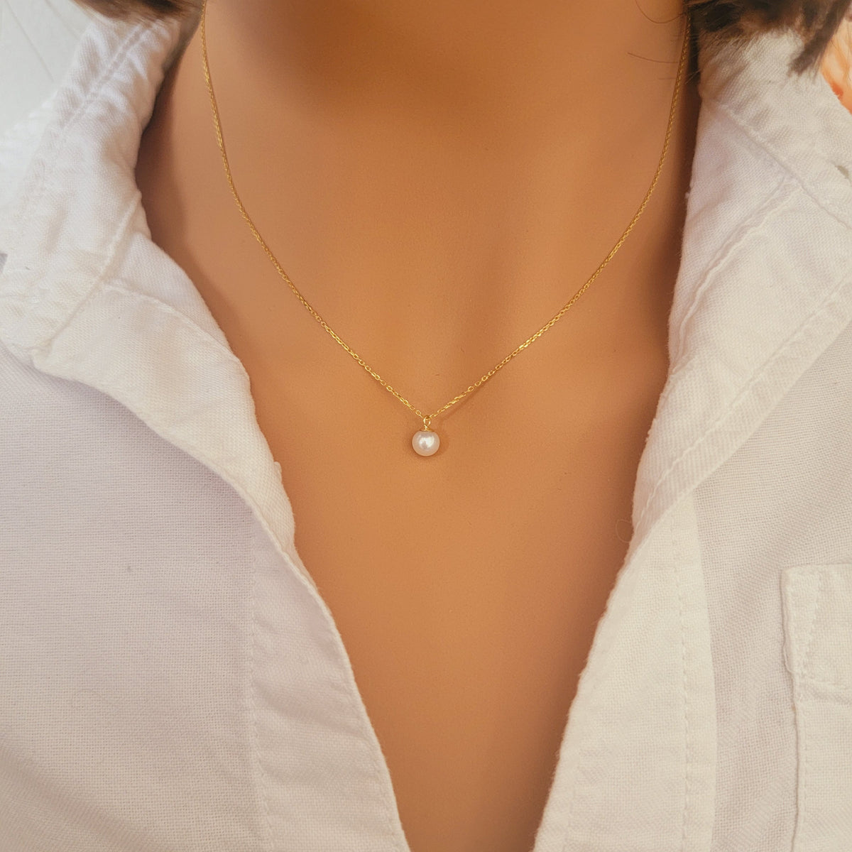 Pearl Necklace in 14k Solid Gold, Freshwater Pearl Necklace, Dainty Pearl Solid Gold Necklace, Minimalist 14k Solid Gold Necklace, White