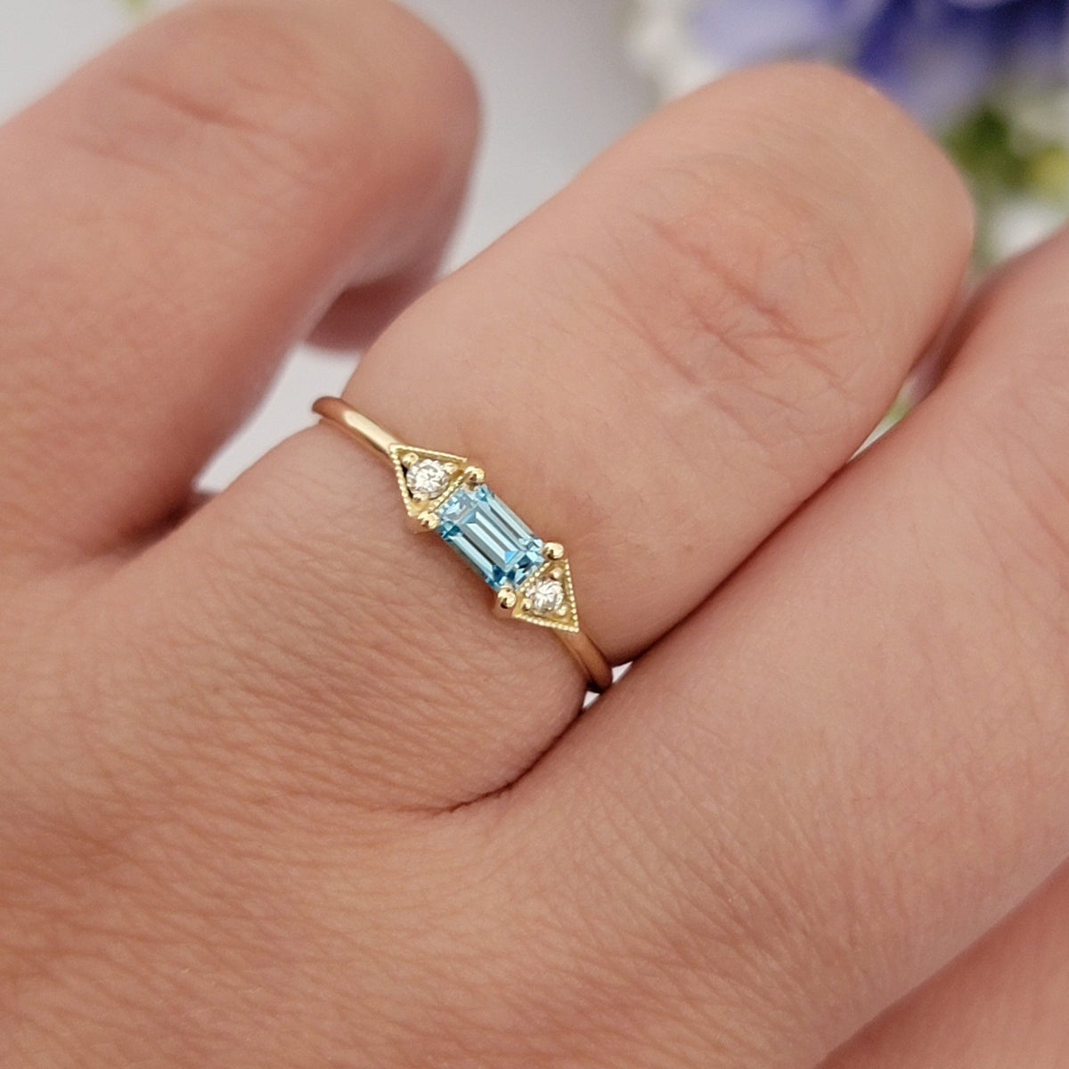 14k Gold Aquamarine Diamond Ring: Emerald Cut Birthstone Stacking Band