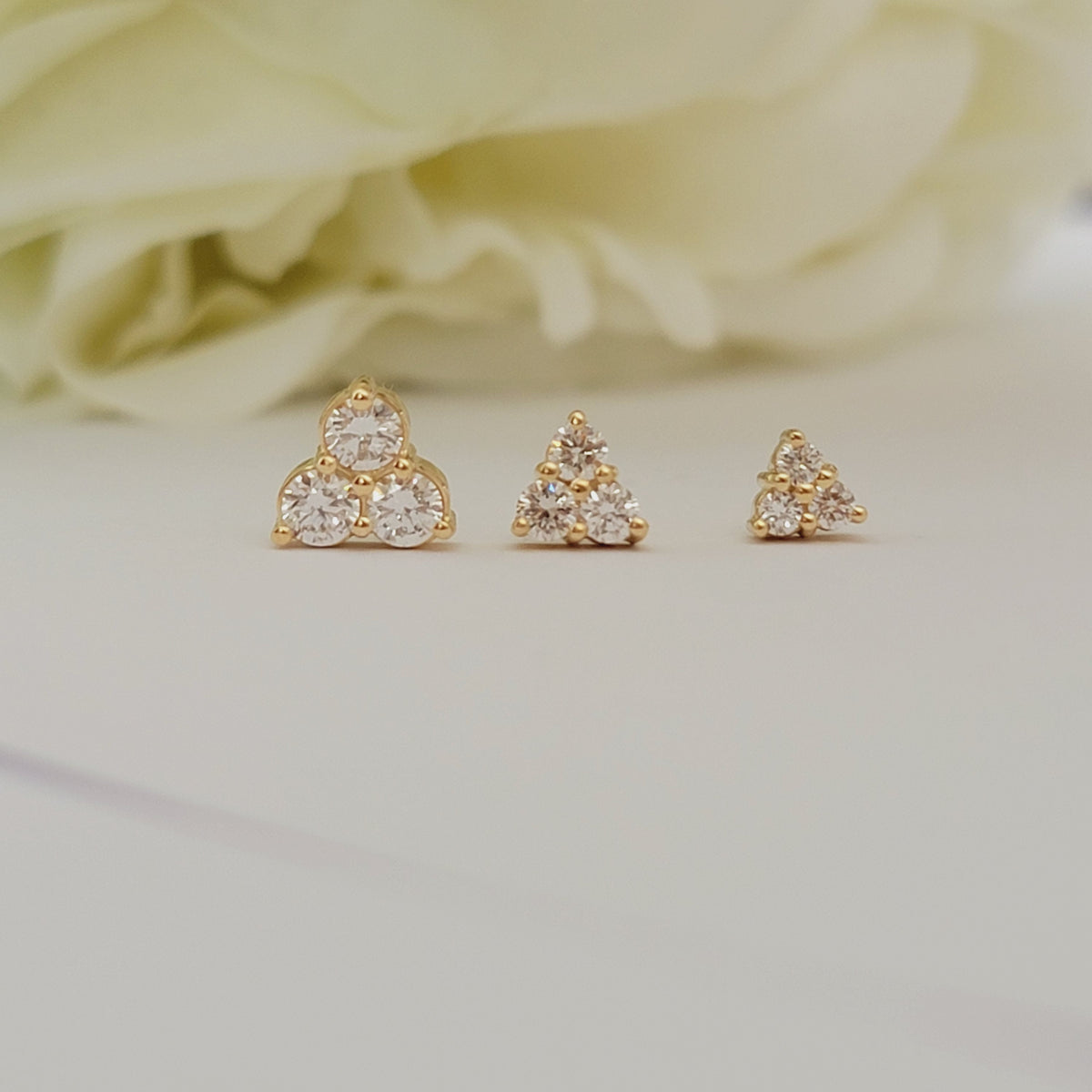 14K Gold Three Stone Diamond Stud Earrings: Minimalist Trio