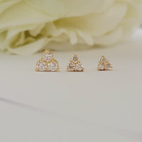 14K Gold Three Stone Diamond Stud Earrings: Minimalist Trio