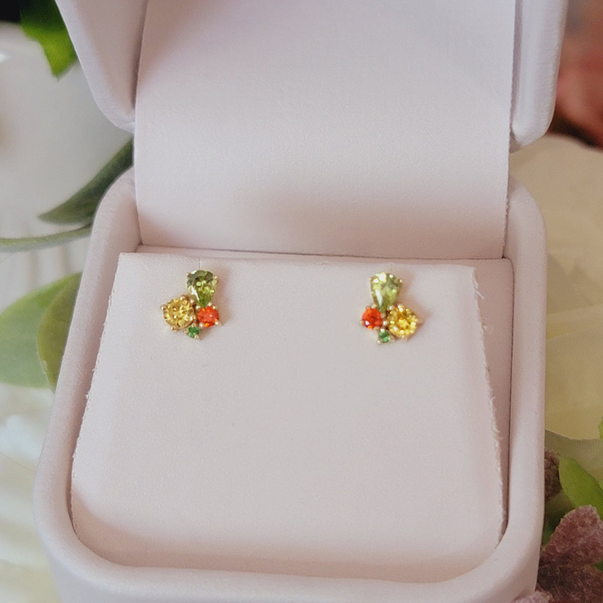 Gemstone Cluster Stud Earrings, Multi-Gemstone Color Earrings, Multi Stone Earrings, Anniversary Gift, White Stud Earrings, Anniversary Gift