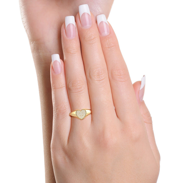14k Signet Ring, Diamond Heart Shape Signet Ring, Personalized Signet Ring, Heart Signet Ring with Diamonds, Natural White Diamond Ring