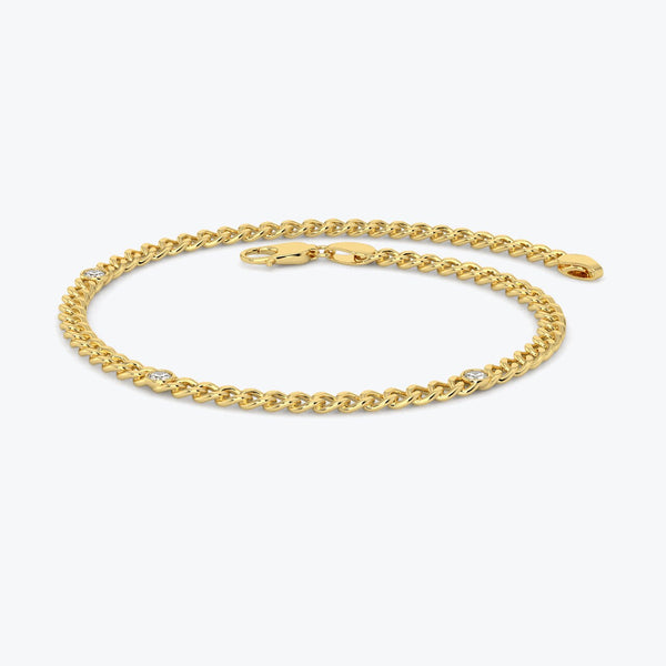 Gold Bracelet, 14k Gold 3MM Cuban Curb Link Chain Bracelet, Round Solitaire Diamonds Bracelet, Stylish Link Chain,  Yellow, Arm Stacking