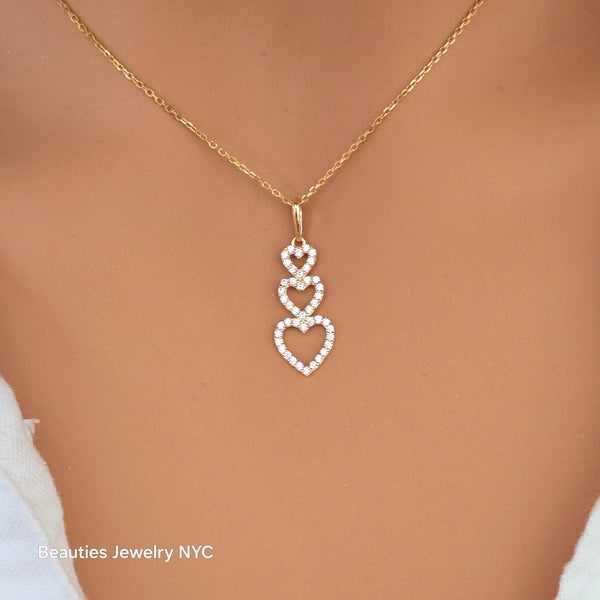 14k Solid Gold Triple Heart Diamond Necklace, Genuine Diamond Pendant, Dainty Gold Jewelry for Special Occasions or Everyday Elegance