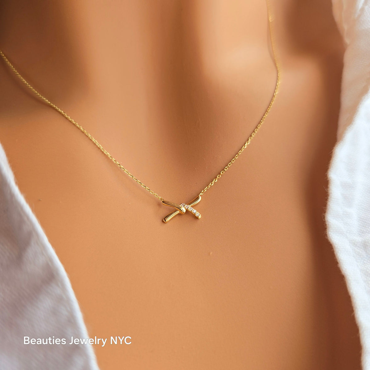 14k Solid Gold Diamond X Necklace, Dainty Pendant