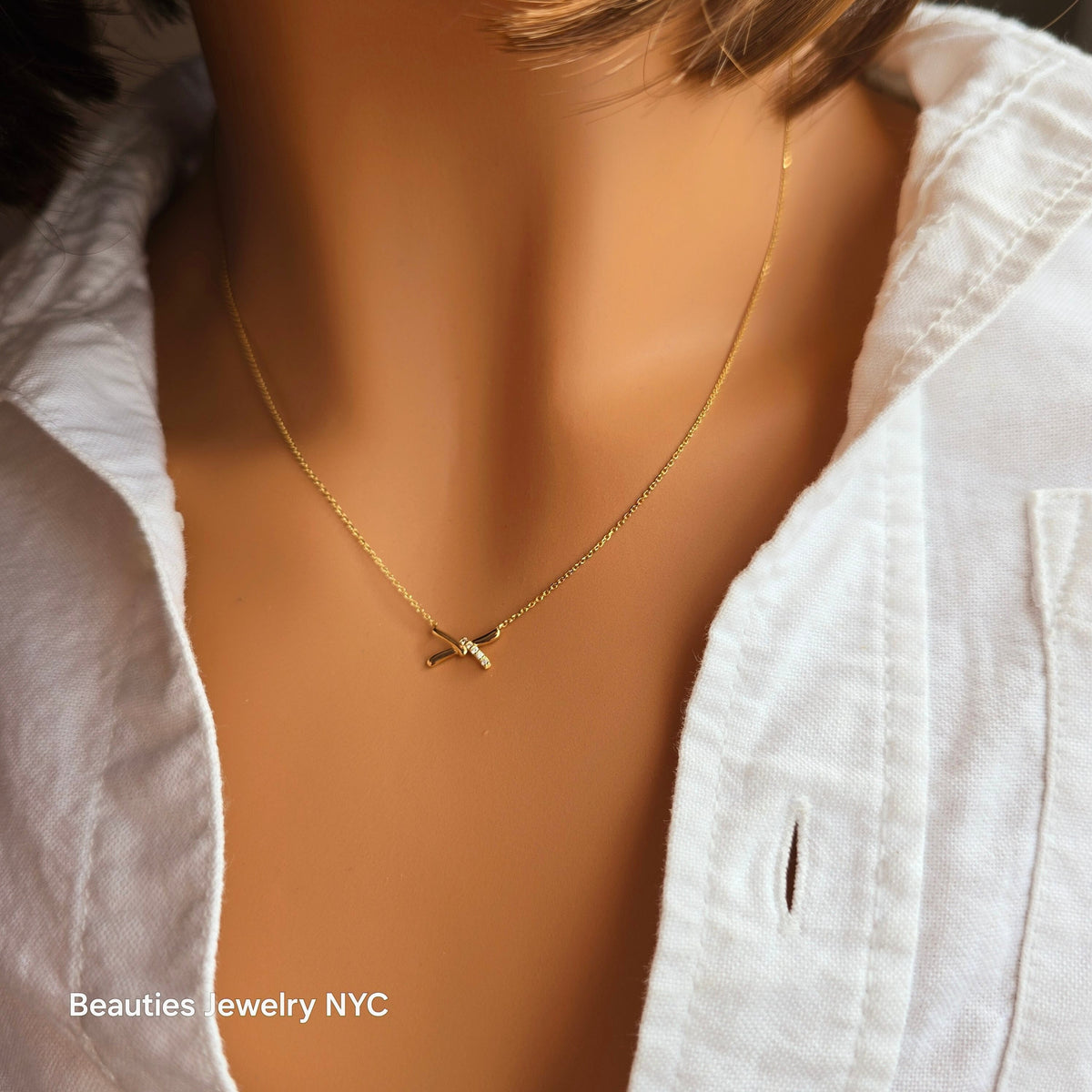 14k Solid Gold Diamond X Necklace, Dainty Pendant