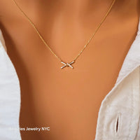14k Solid Gold Diamond X Necklace, Dainty Pendant