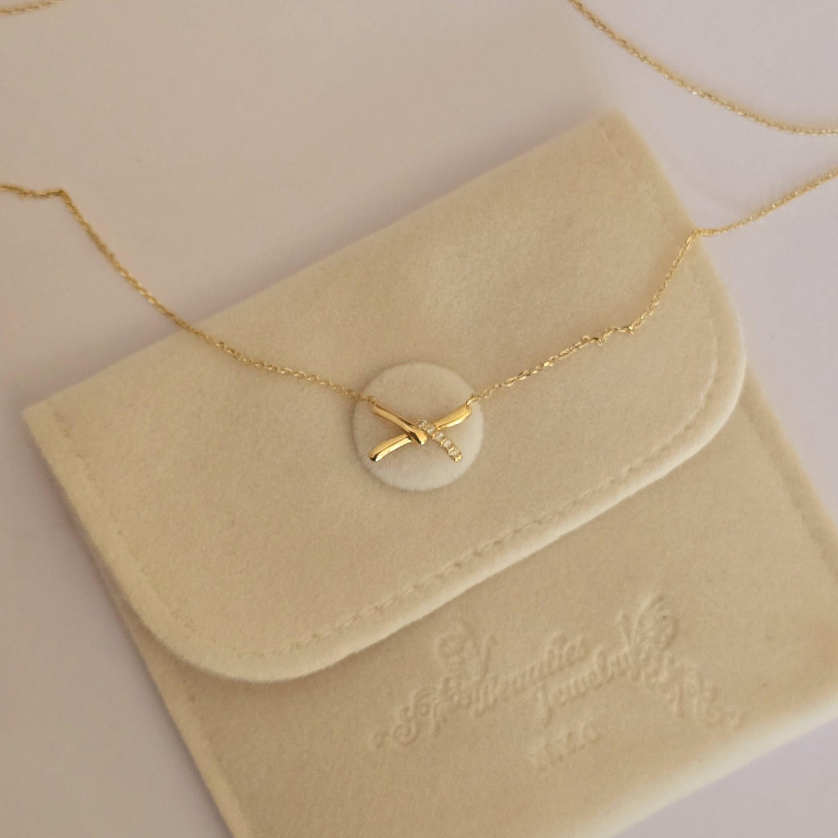 14k Solid Gold Diamond X Necklace, Dainty Pendant