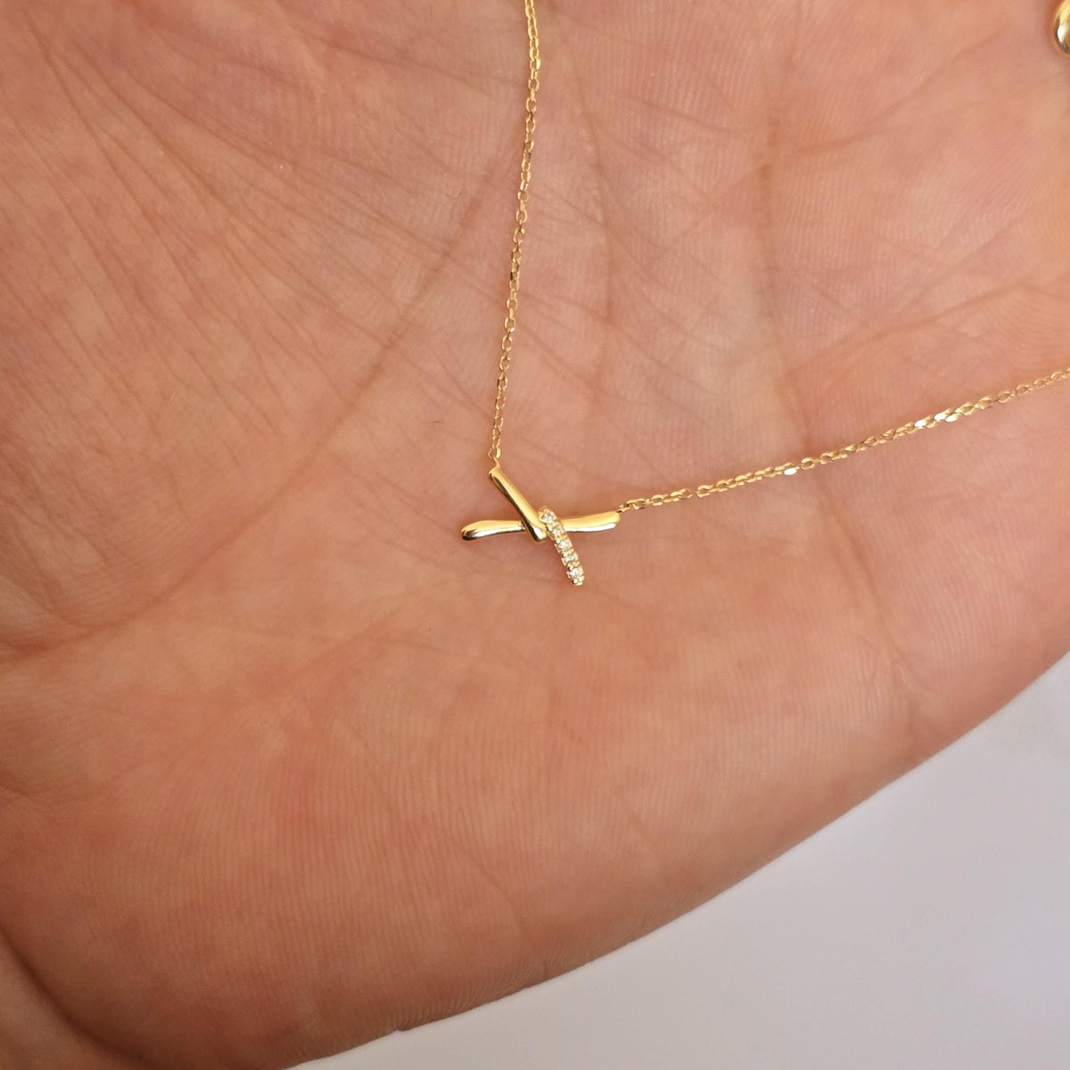 14k Solid Gold Diamond X Necklace, Dainty Pendant