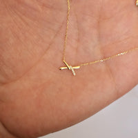 14k Solid Gold Diamond X Necklace, Dainty Pendant