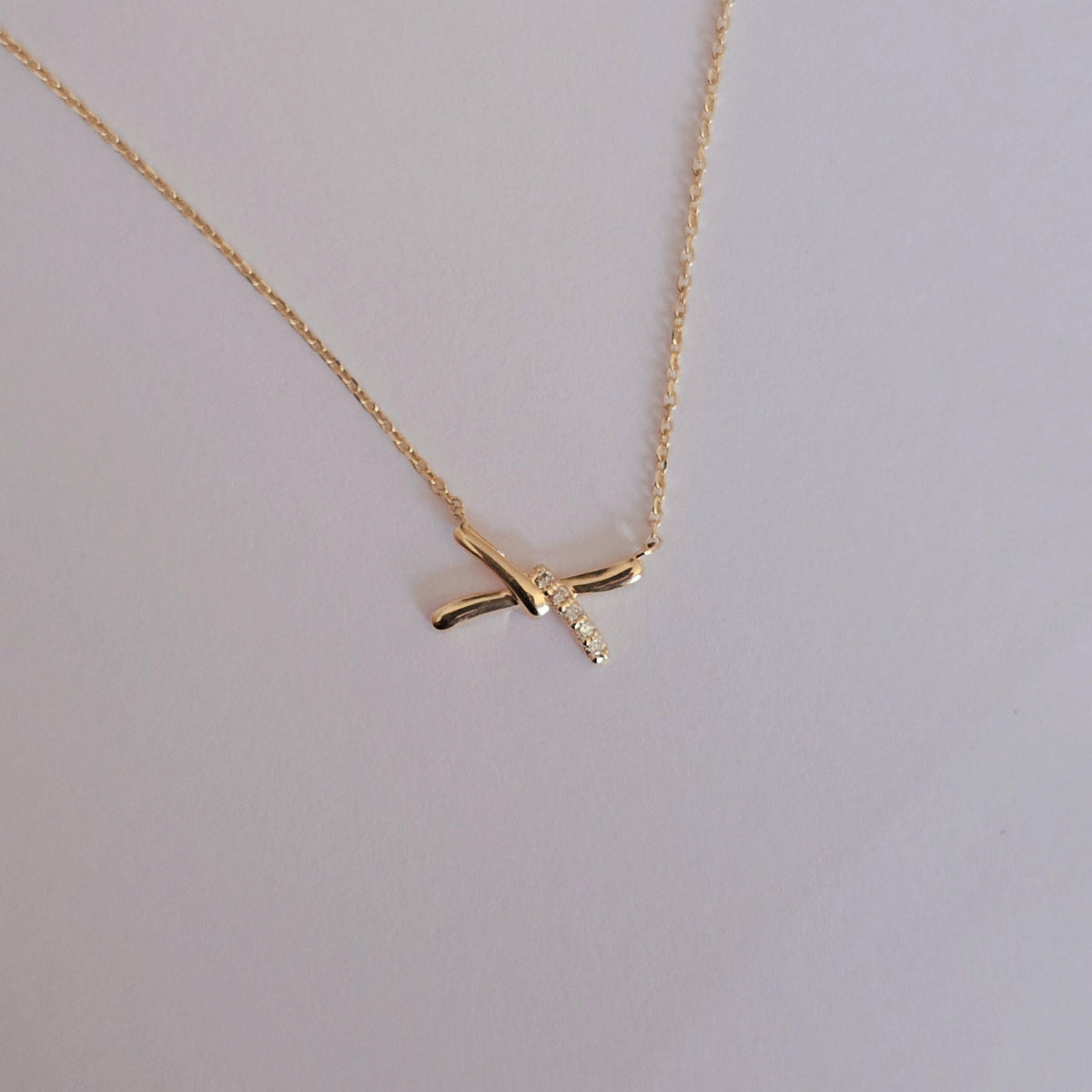 14k Solid Gold Diamond X Necklace, Dainty Pendant