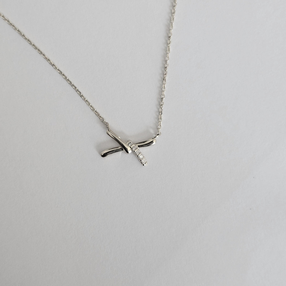 14k Solid Gold Diamond X Necklace, Dainty Pendant
