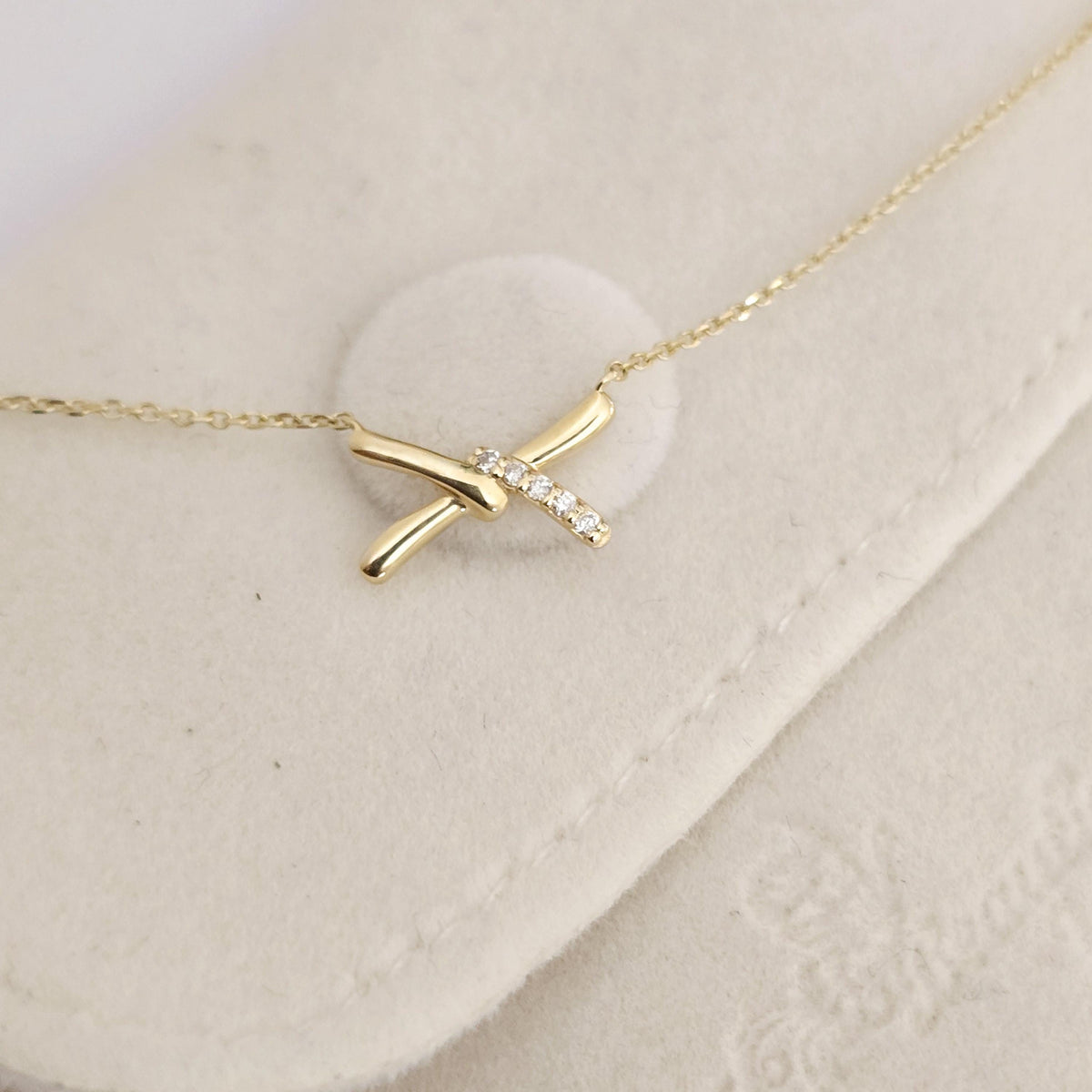 14k Solid Gold Diamond X Necklace, Dainty Pendant