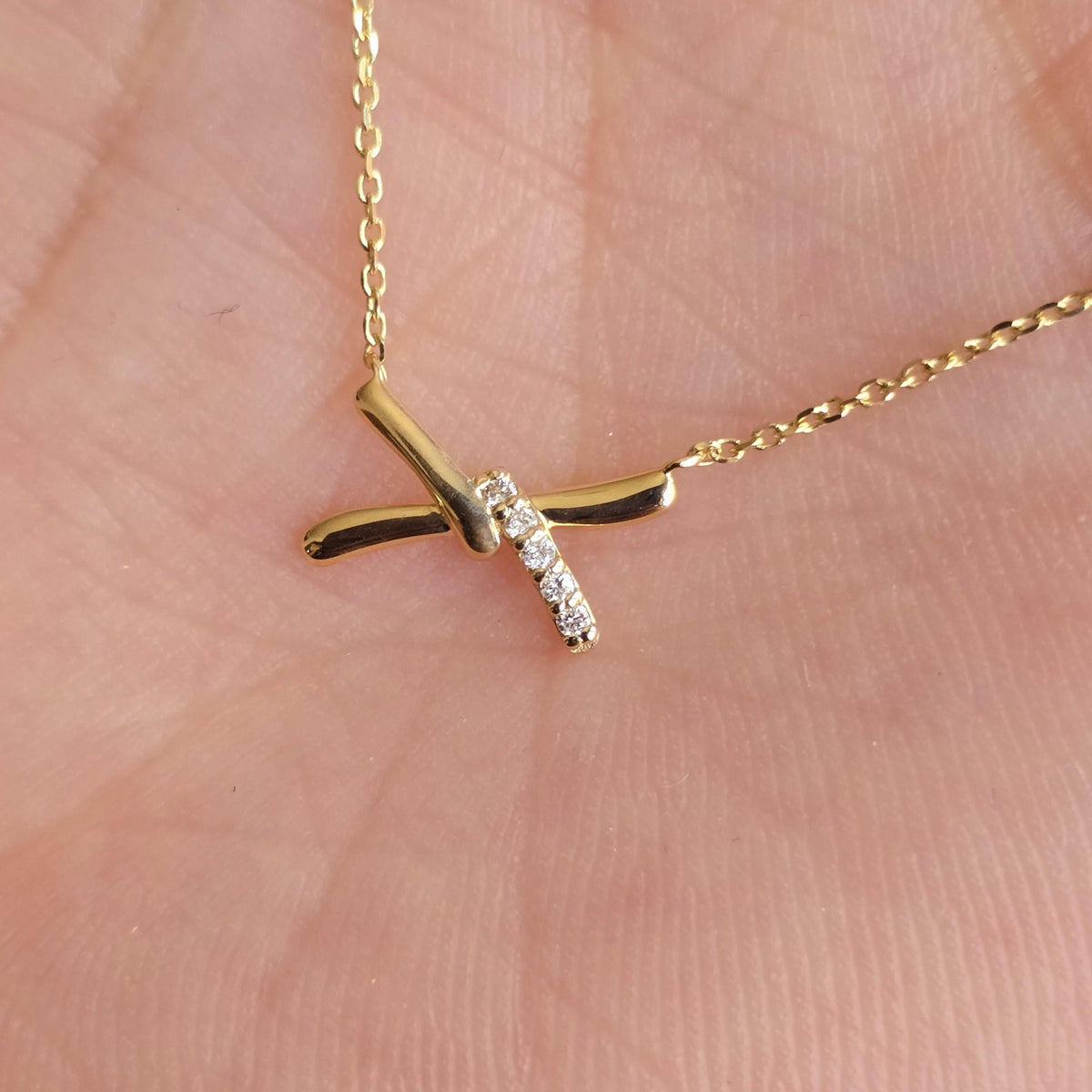 14k Solid Gold Diamond X Necklace, Dainty Pendant