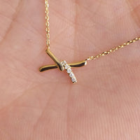 14k Solid Gold Diamond X Necklace, Dainty Pendant
