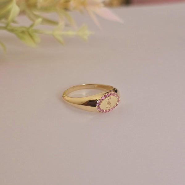 Personalized Oval Signet Ring with Initial & Birthstone, Custom 14k Gold Ring, Engravable Gold Ring, Personalized Gemstone Ring