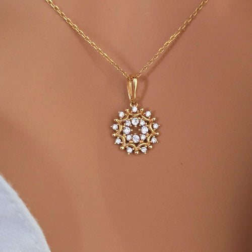 14k Diamond Necklace, Gold Amulette Necklace, Genuine Diamond Pendant, Unique Circle Necklace