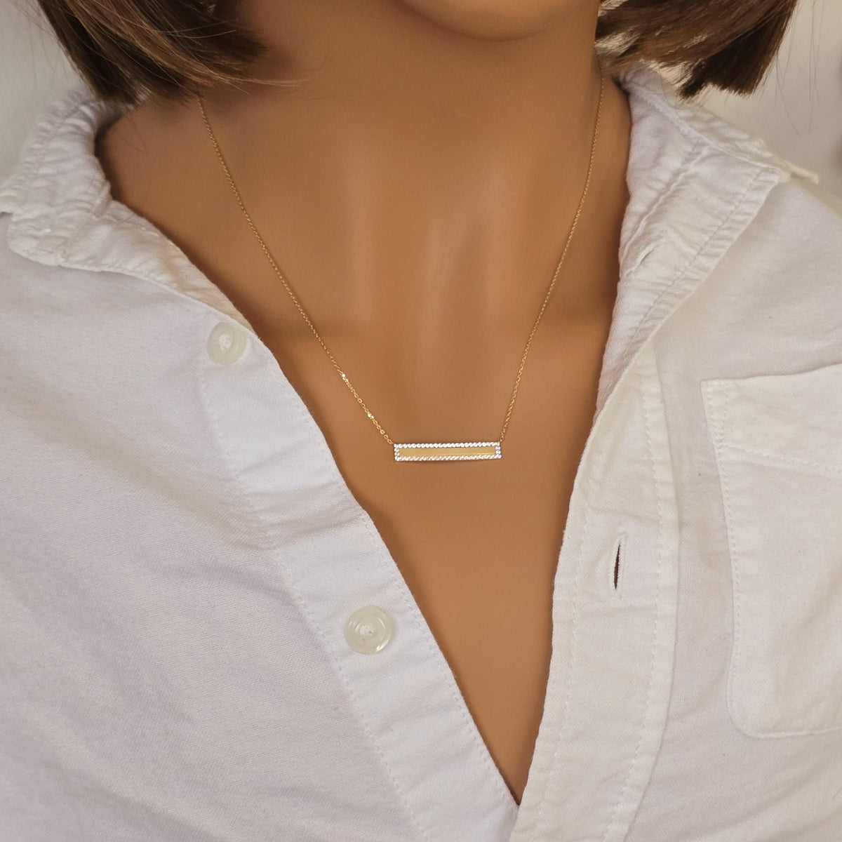 14k Solid Gold Diamond Bar Necklace: Micro Pave Setting