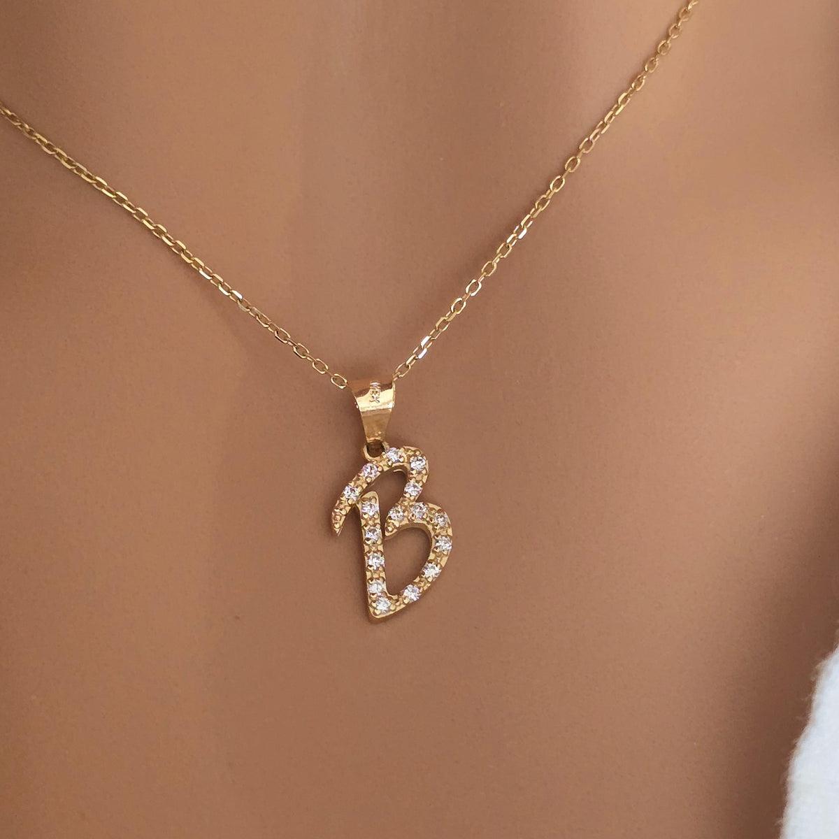 14k Gold Diamond Initial Necklace: Personalized Script Letter Pendant