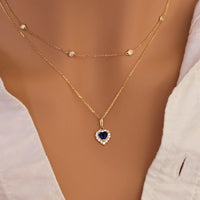 14k Gold Heart Sapphire Necklace with Lab Grown Diamond Halo