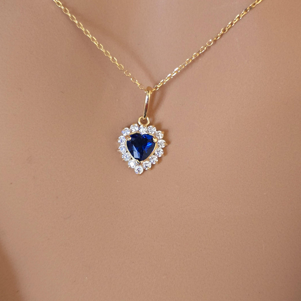 14k Gold Heart Sapphire Necklace with Lab Grown Diamond Halo
