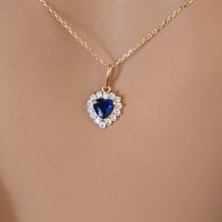 14k Gold Heart Sapphire Necklace with Lab Grown Diamond Halo