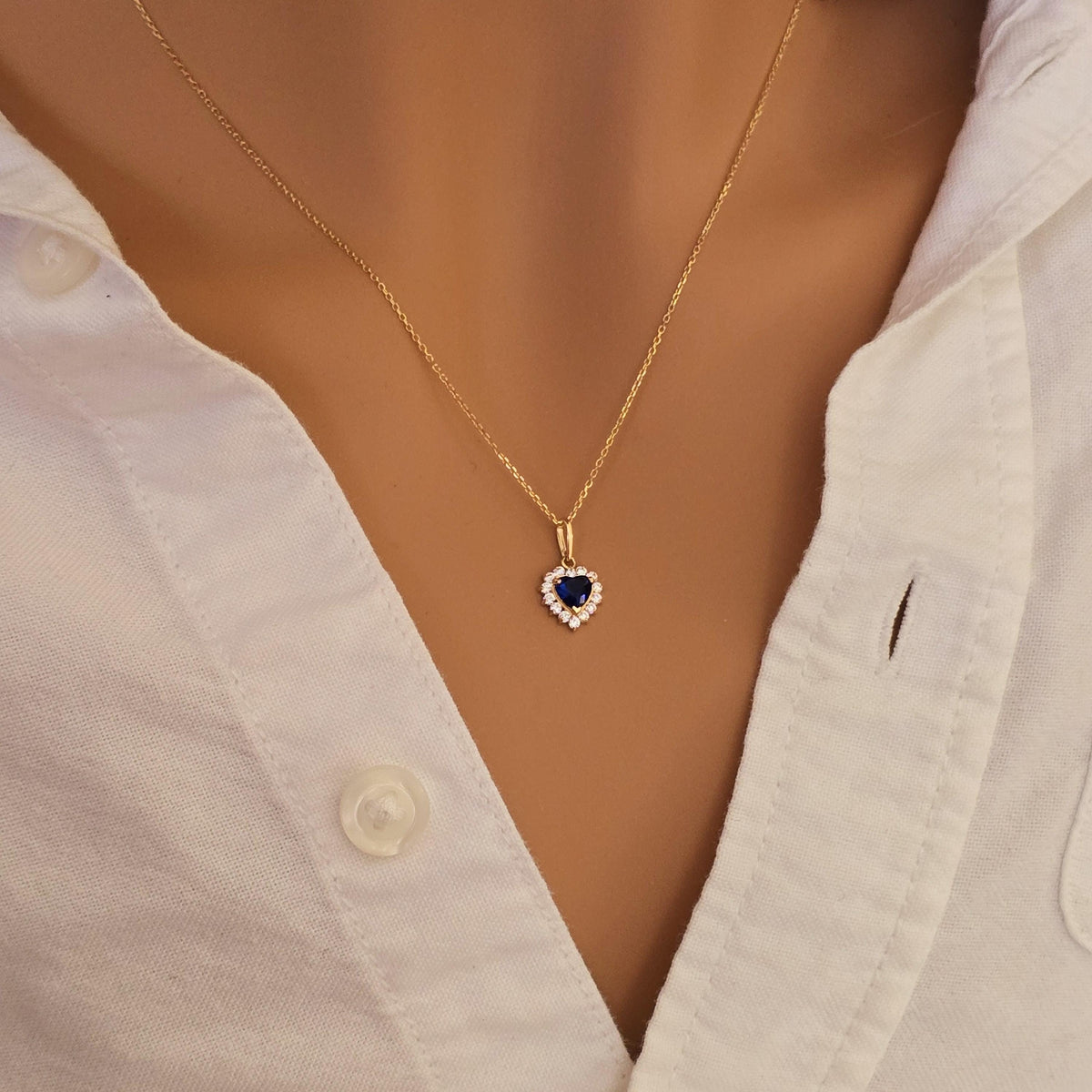 14k Gold Heart Sapphire Necklace with Lab Grown Diamond Halo