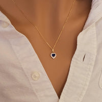 14k Gold Heart Sapphire Necklace with Lab Grown Diamond Halo