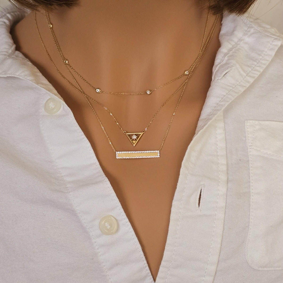 14k Solid Gold Diamond Bar Necklace: Micro Pave Setting