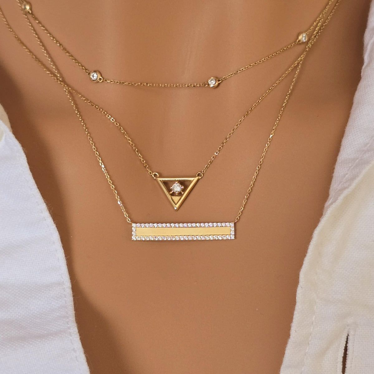 14k Solid Gold Diamond Bar Necklace: Micro Pave Setting