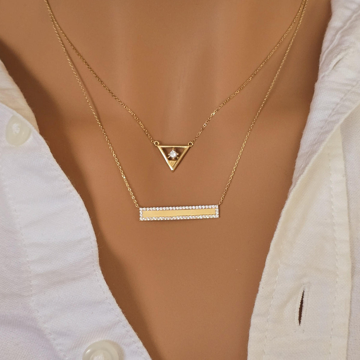 14k Solid Gold Diamond Bar Necklace: Micro Pave Setting