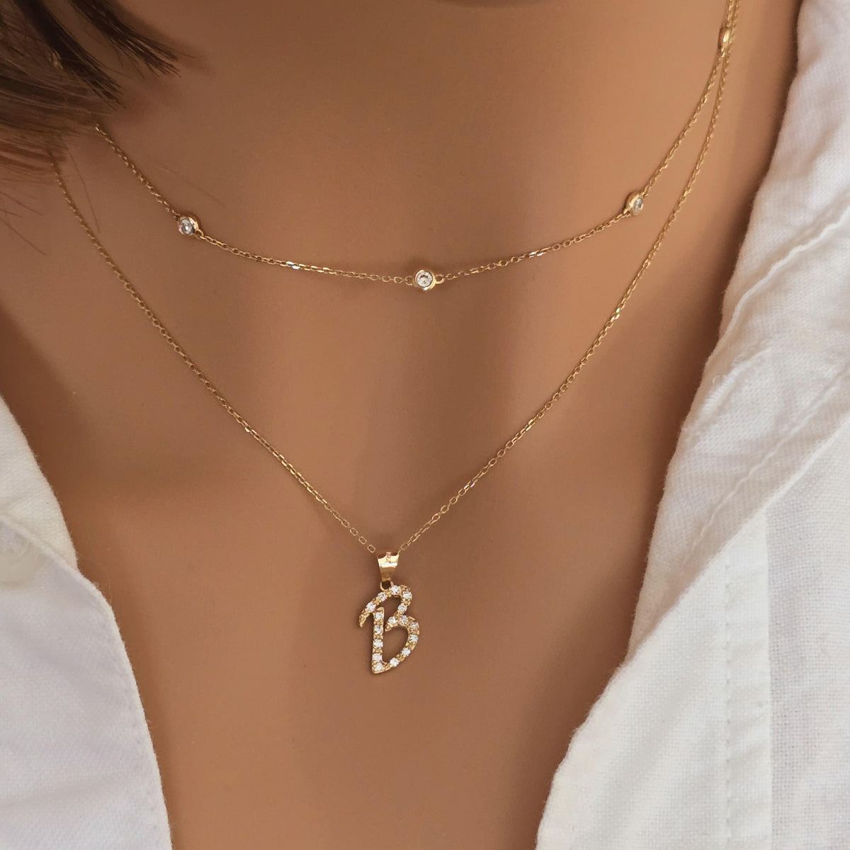 14k Gold Diamond Initial Necklace: Personalized Script Letter Pendant