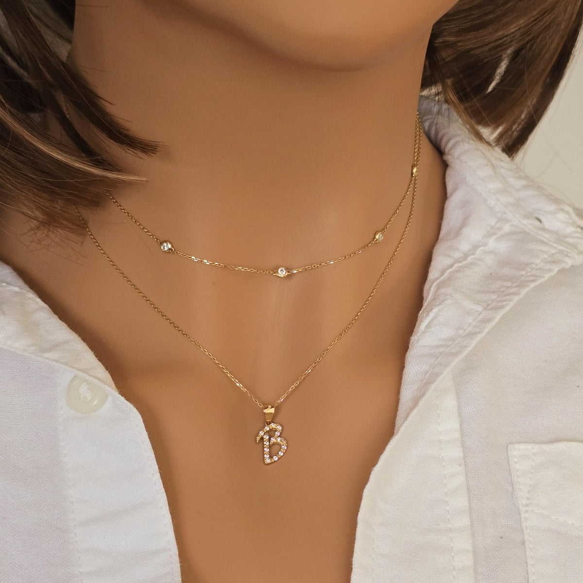 14k Gold Diamond Initial Necklace: Personalized Script Letter Pendant